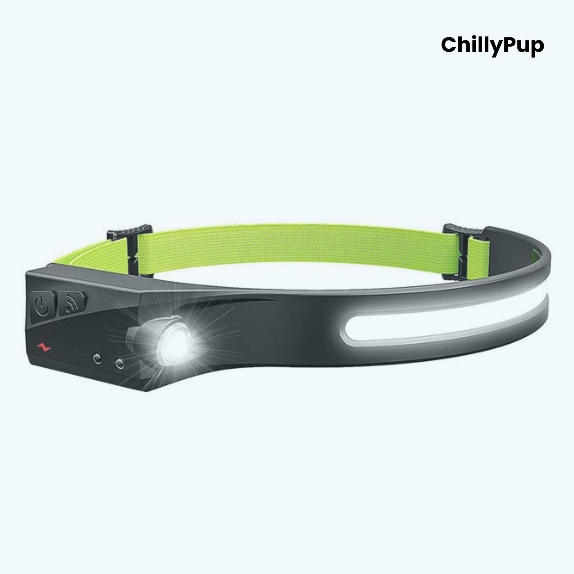 Headlamp with green strap on a white background, branded 'ChillyPup'.