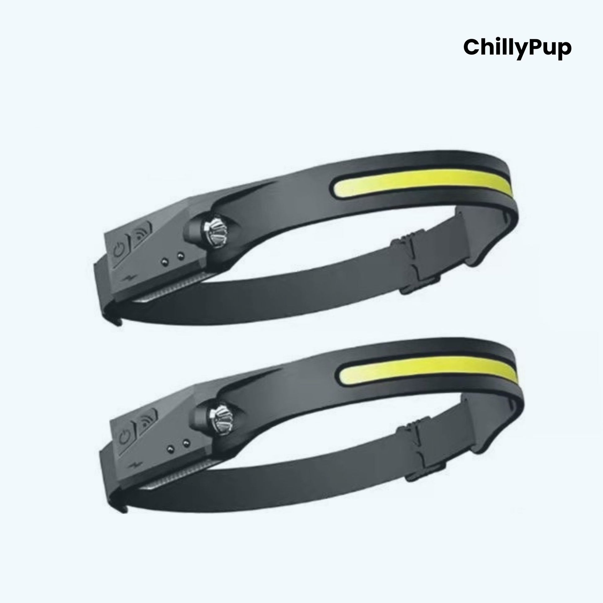 Two black dog lights with yellow accents on a white background, branded 'ChillyPup'.