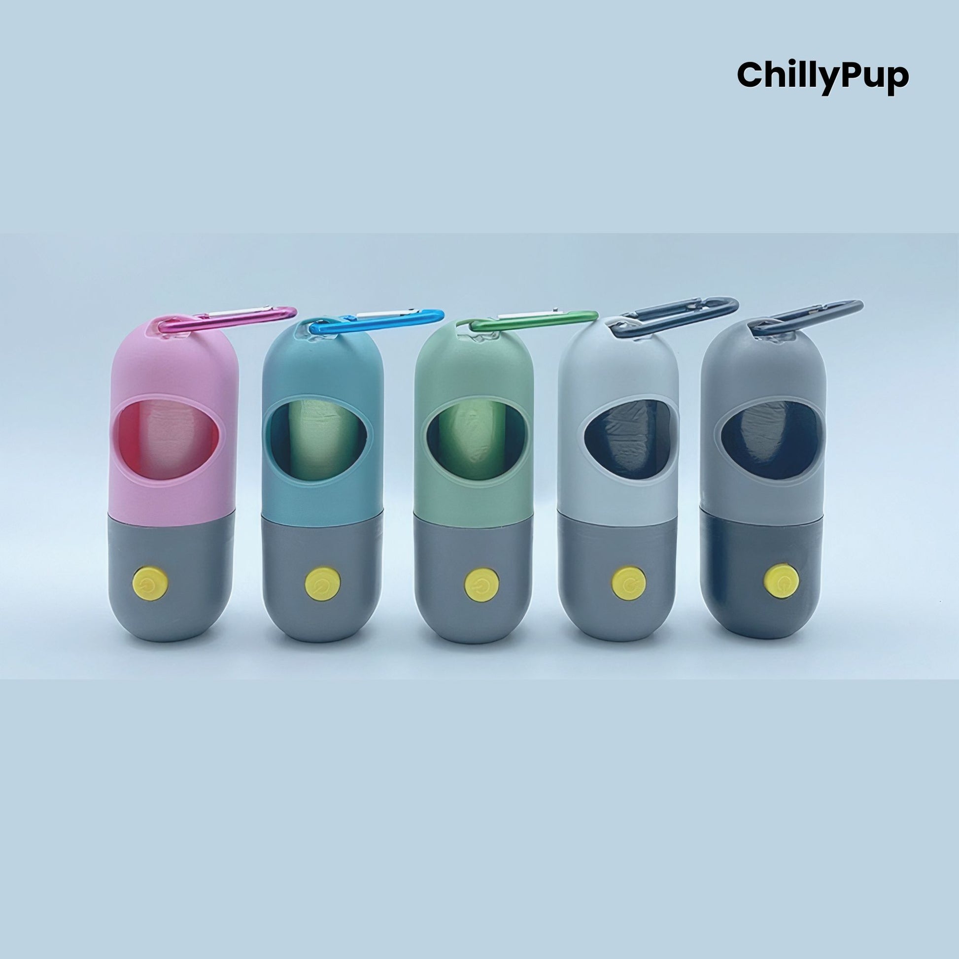 Five colour poo bag holders with built in LED with 'ChillyPup' branding on a light blue background
