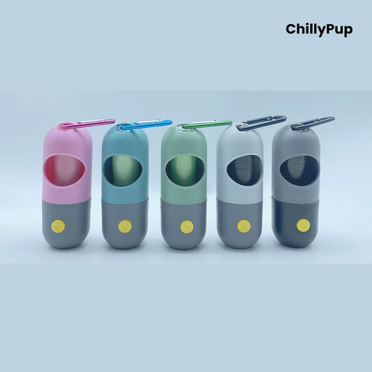 Five colour poo bag holders with built in LED with 'ChillyPup' branding on a light blue background