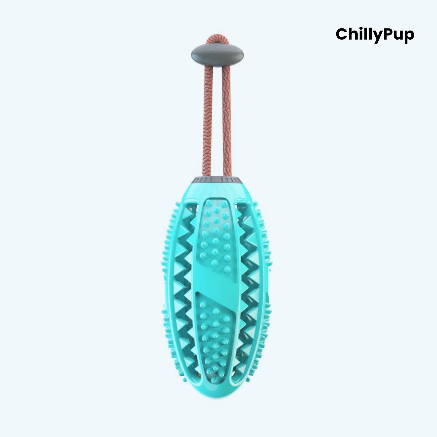 Light Blue dog toy with textured surface and brown rope on a white background, branded 'ChillyPup'.