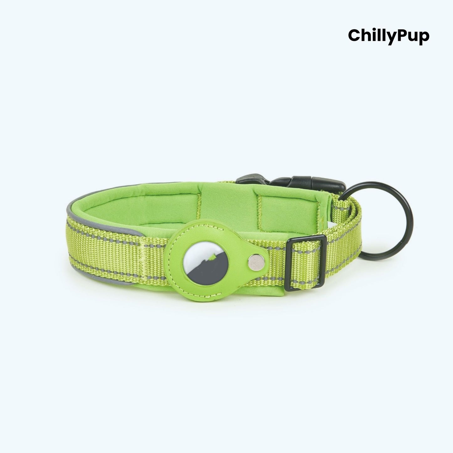 Light Green Nylon Airtag dog collar with white stitching on a white background, branded 'ChillyPup'.