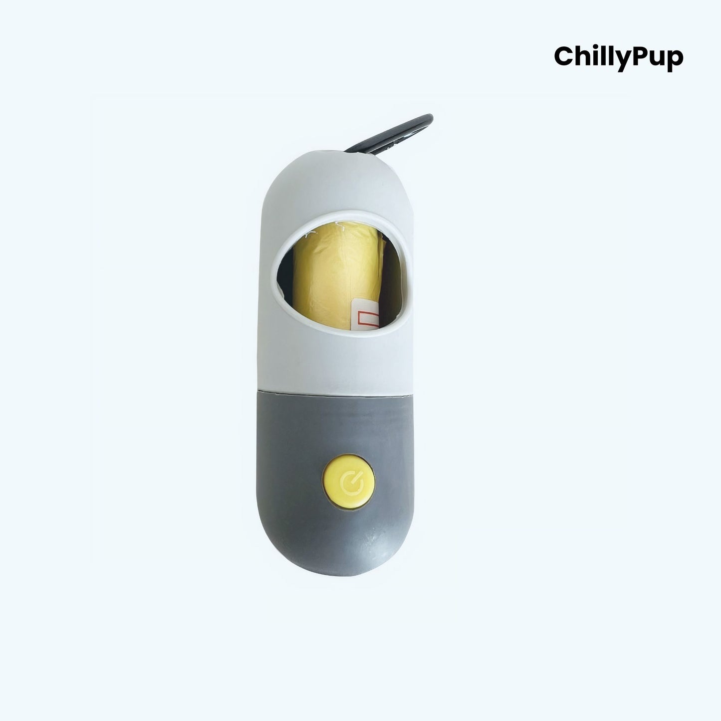 Light Grey colour poo bag holder with built in LED with 'ChillyPup' branding on a white background