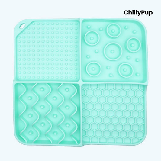 Light Blue silicone mat with various textured patterns on a white background, branded 'ChillyPup'.