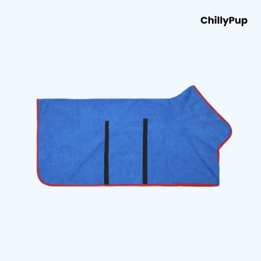 Luxury Dog Towel Bath Robe on a white background with Chillypup branding.