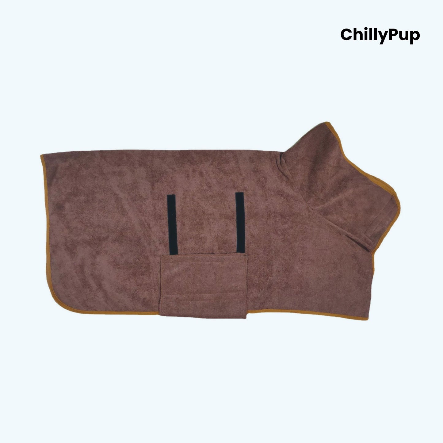 Luxury Dog Towel Bath Robe on a white background with Chillypup branding.