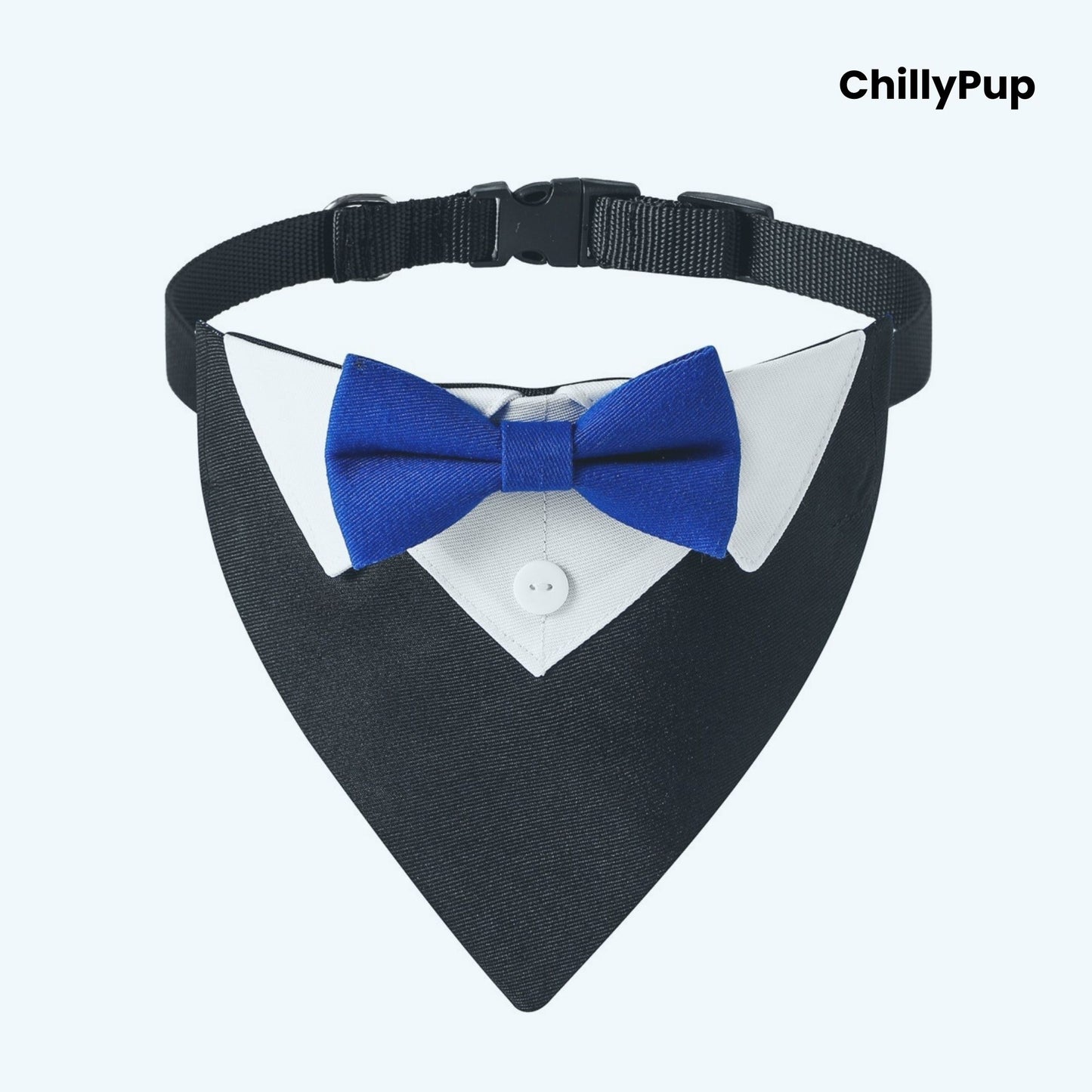 Luxury Dog Tuxedo Bandana with Bow Tie on a white background with Chillypup branding