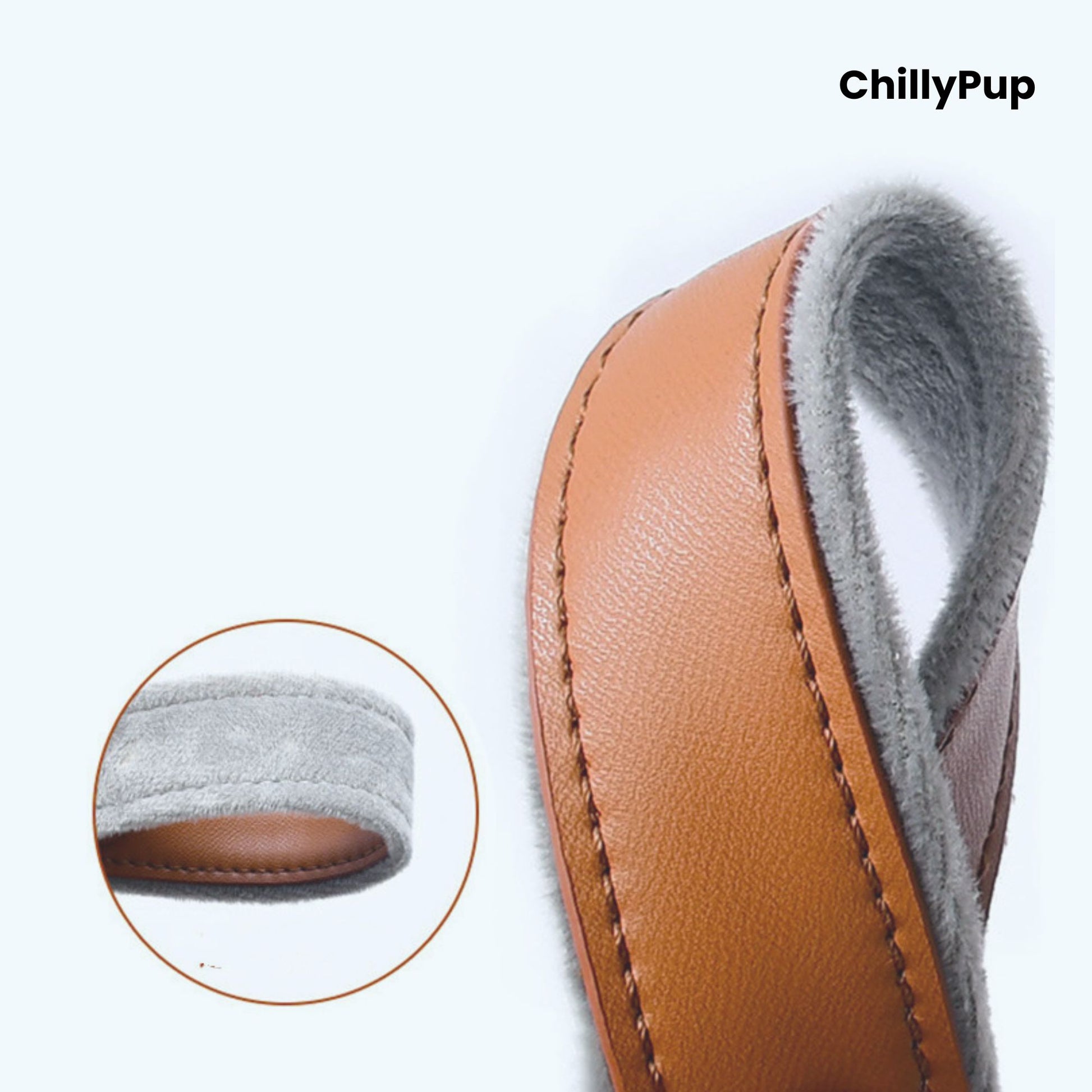 Leather Apple Airtag dog collar and harness on a white background with Chillypup branding.