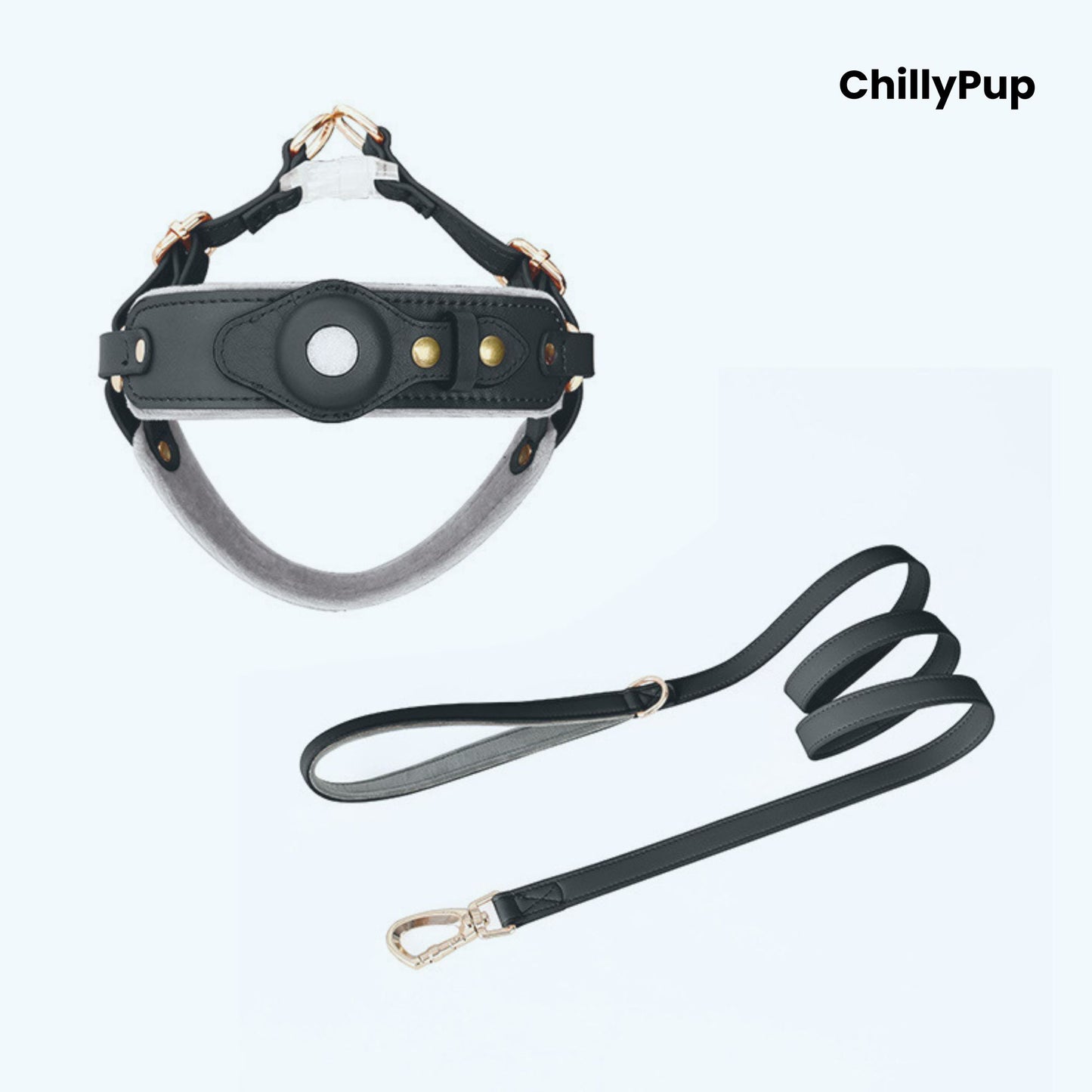 Leather Apple Airtag dog collar and harness on a white background with Chillypup branding.