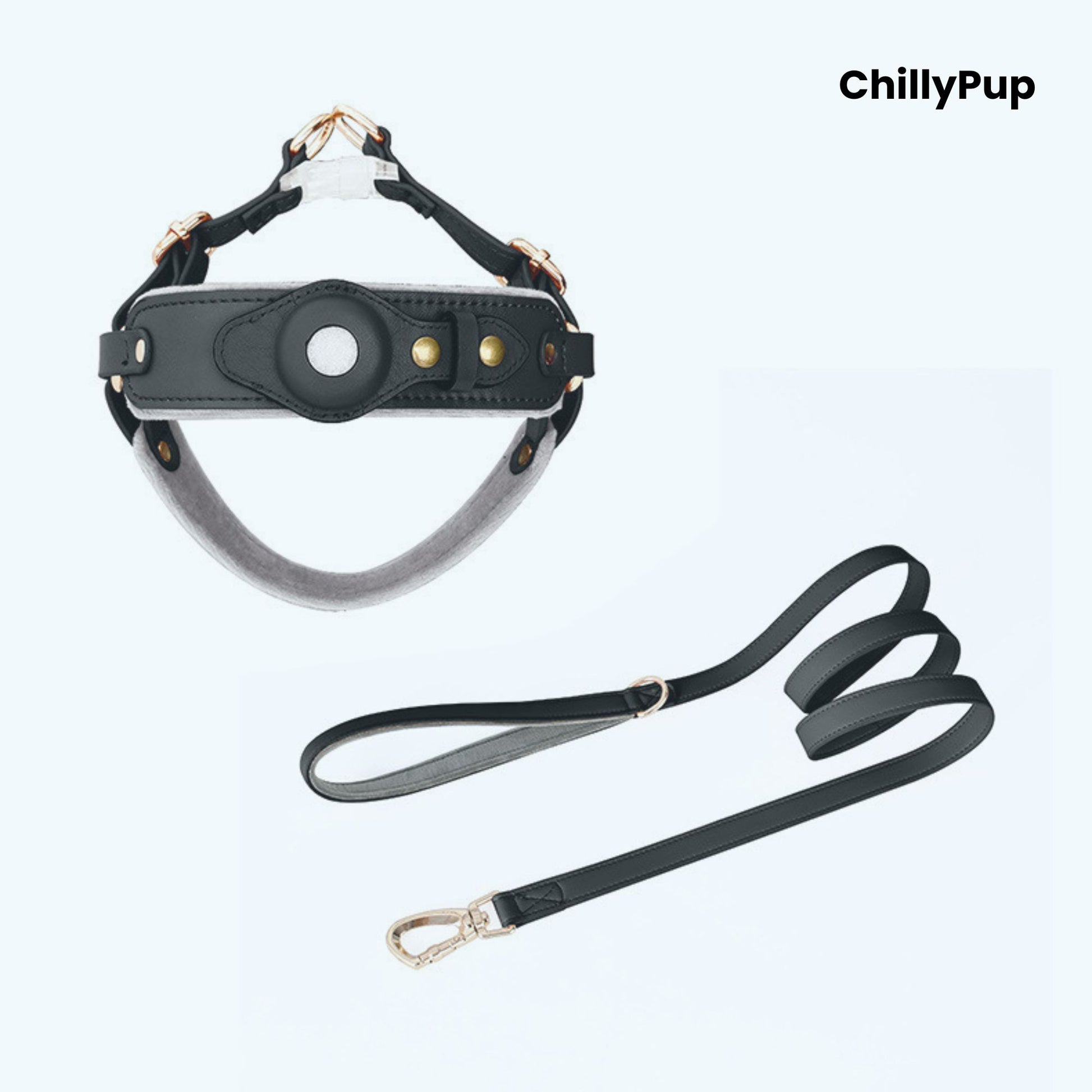 Leather Apple Airtag dog collar and harness on a white background with Chillypup branding.
