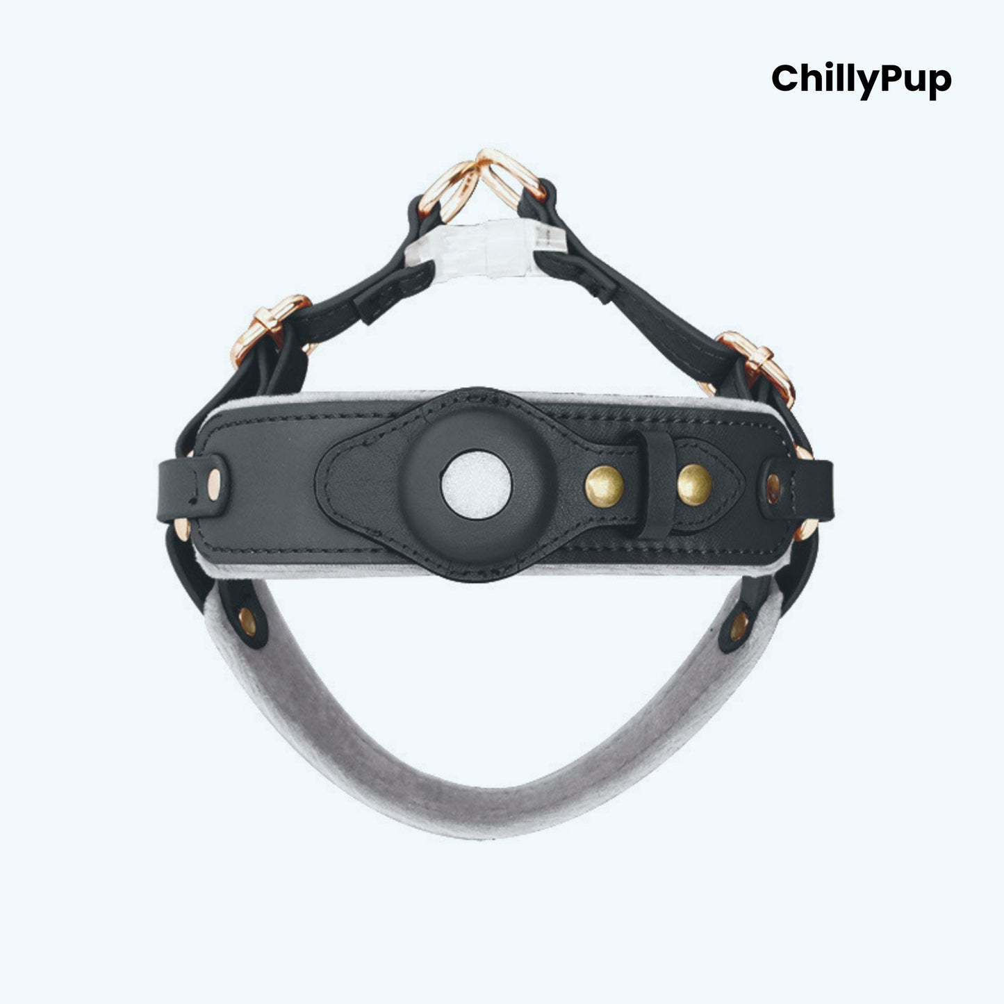 Leather Apple Airtag dog collar and harness on a white background with Chillypup branding.