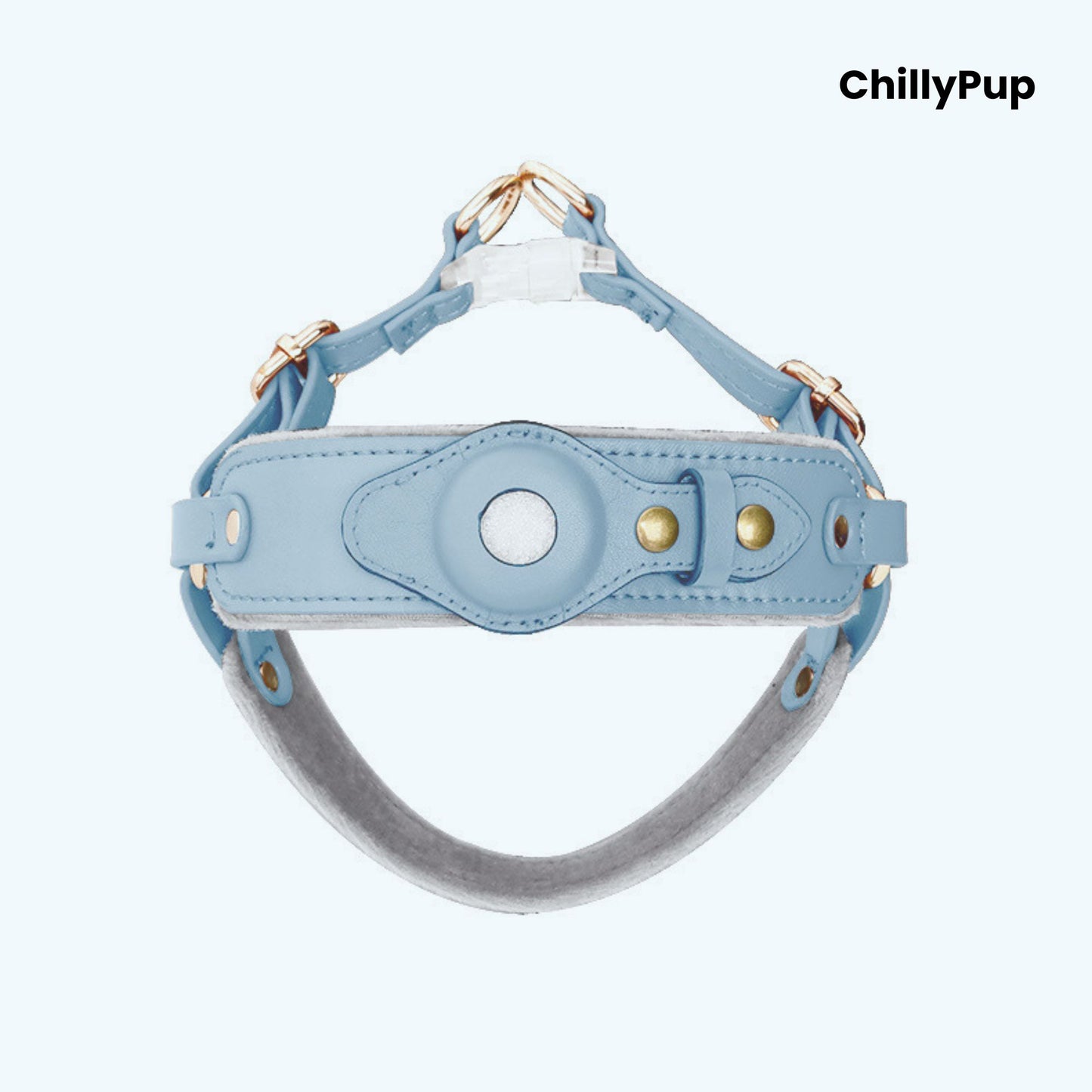 Leather Apple Airtag dog collar and harness on a white background with Chillypup branding.