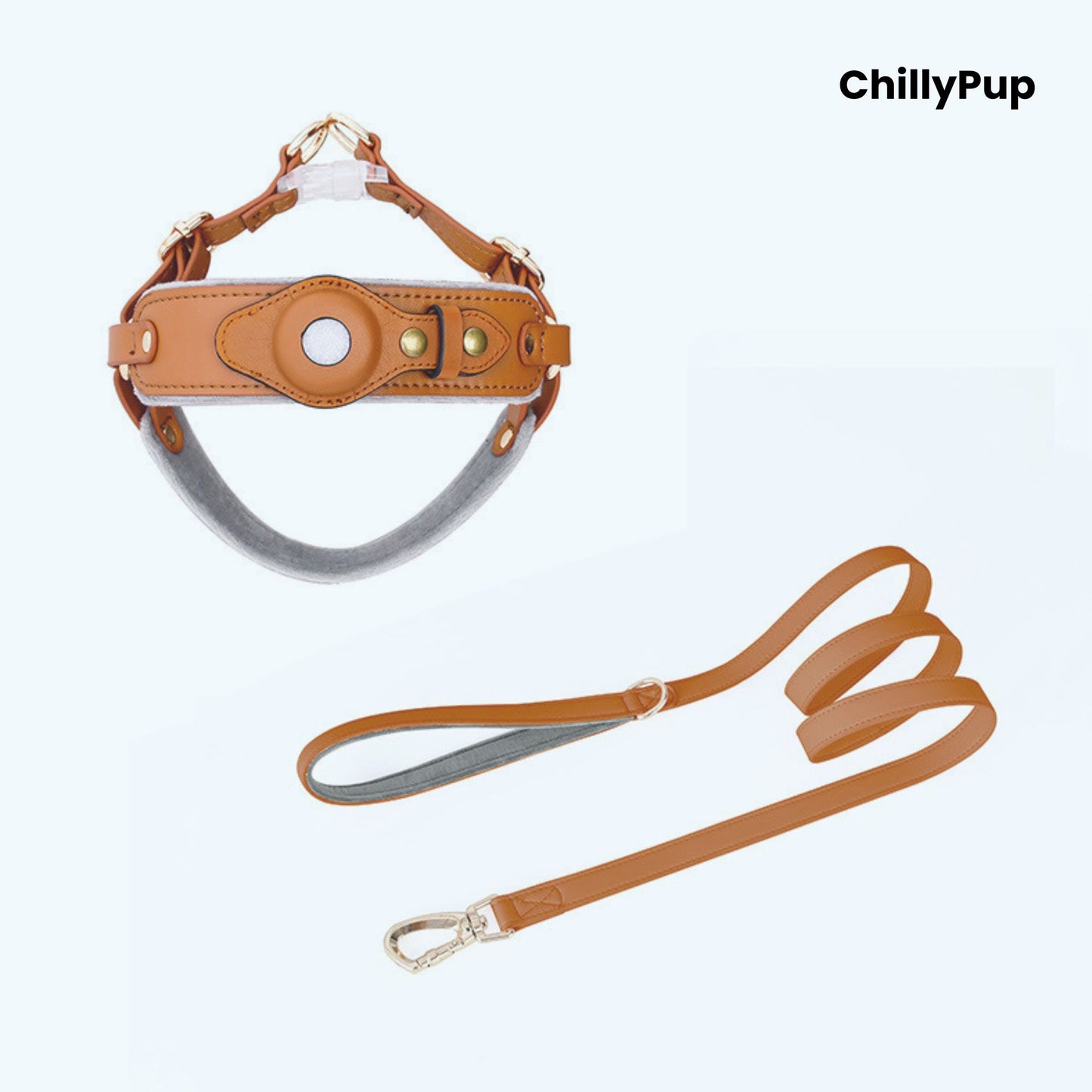 Leather Apple Airtag dog collar and harness on a white background with Chillypup branding.