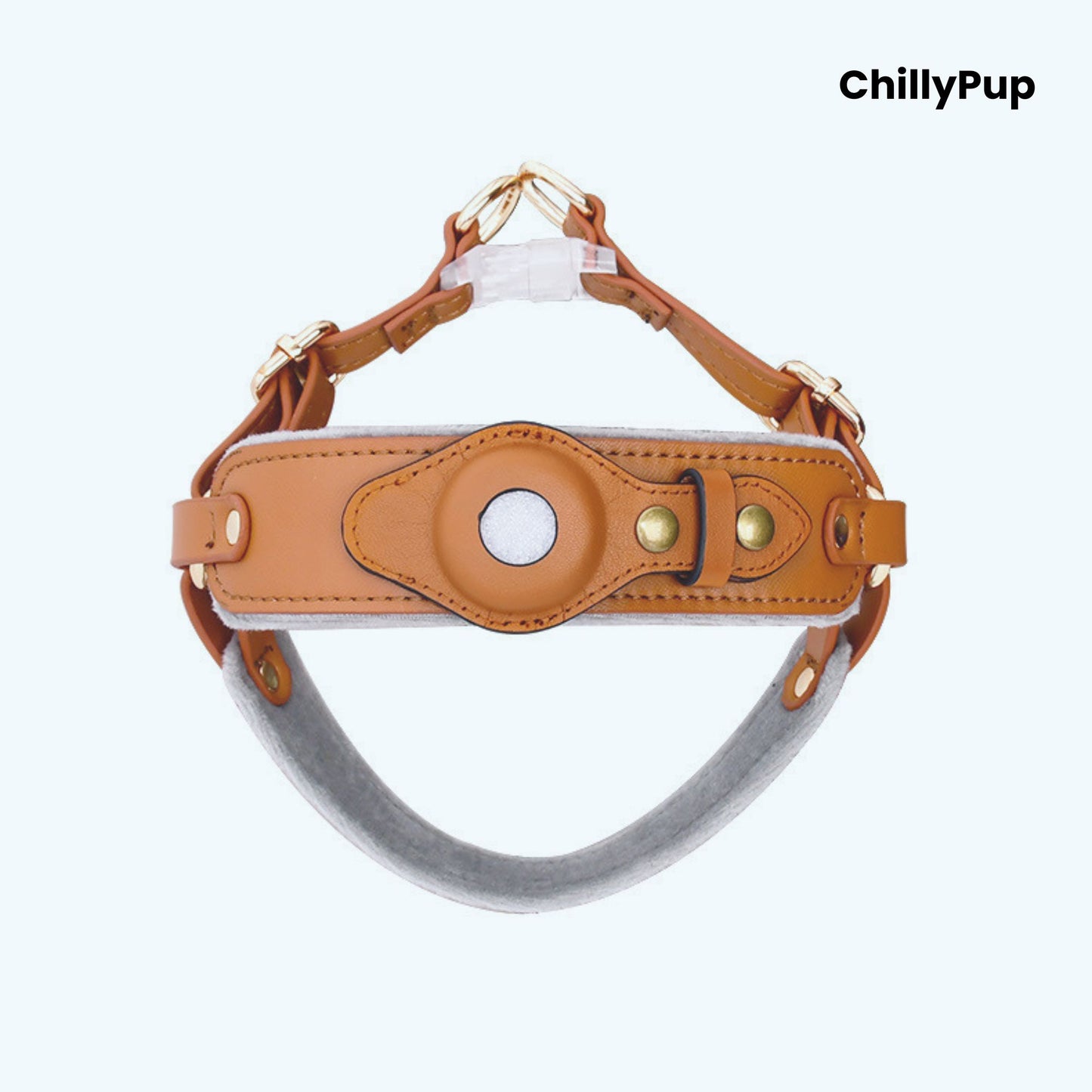Leather Apple Airtag dog collar and harness on a white background with Chillypup branding.