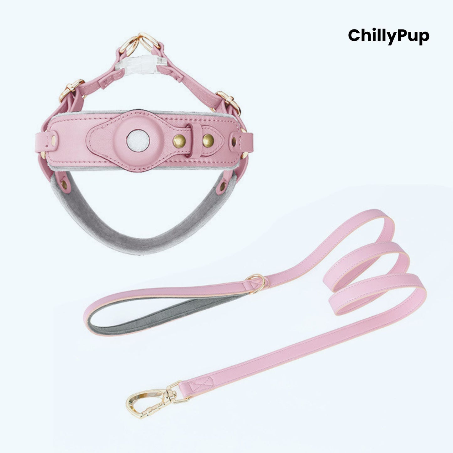 Leather Apple Airtag dog collar and harness on a white background with Chillypup branding.