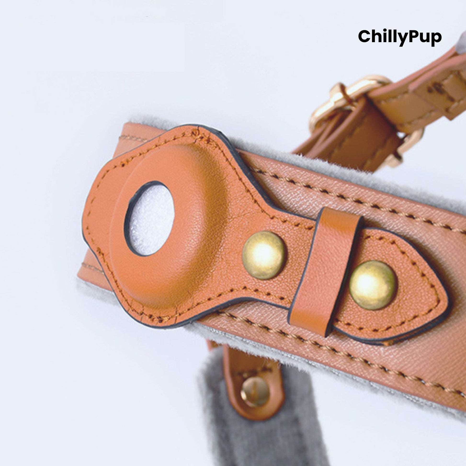 Leather Apple Airtag dog collar and harness on a white background with Chillypup branding.