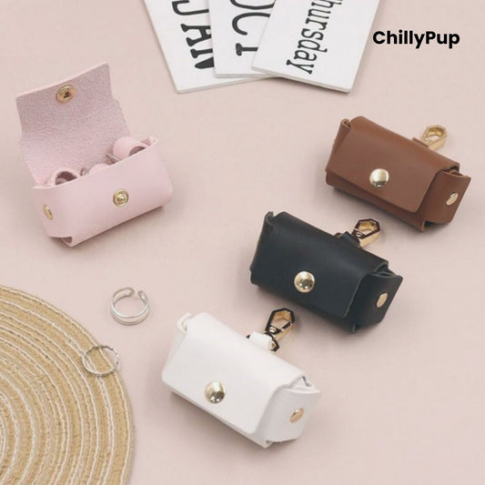 Set of small leather ring holder pouches in various colours on a light pink background with 'ChillyPup' branding.
