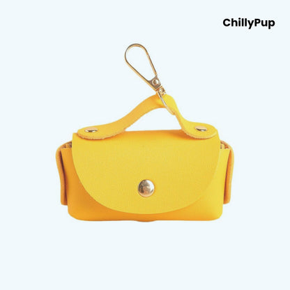 Yellow Luxury Leather Poo Bag Holder on a white background with ChillyPup branding.