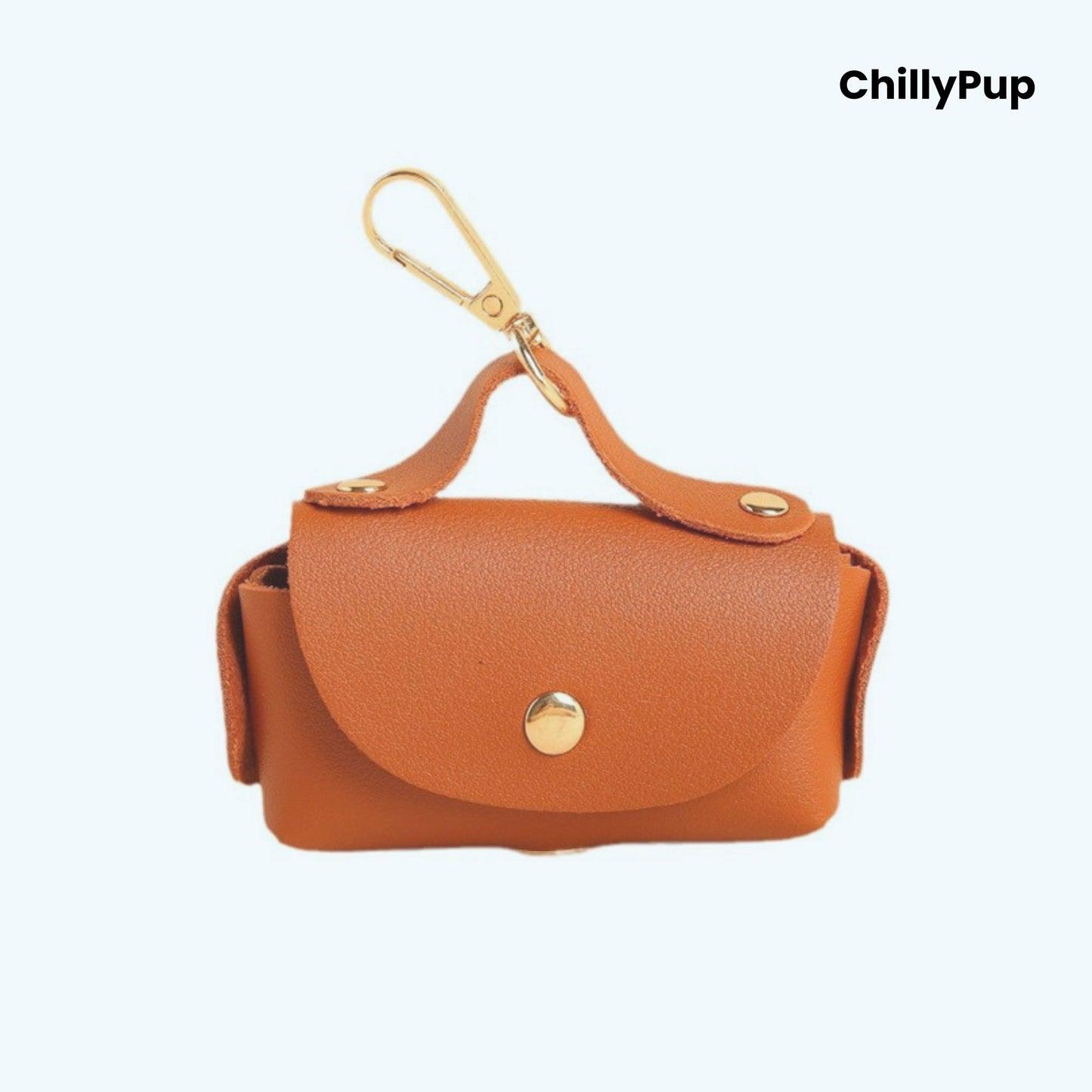 Brown Luxury Leather Poo Bag Holder on a white background with ChillyPup branding.