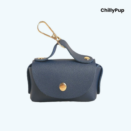 Dark blue Luxury Leather Poo Bag Holder on a white background with ChillyPup branding.