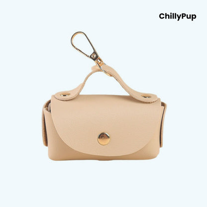 Beige Luxury Leather Poo Bag Holder on a white background with ChillyPup branding.