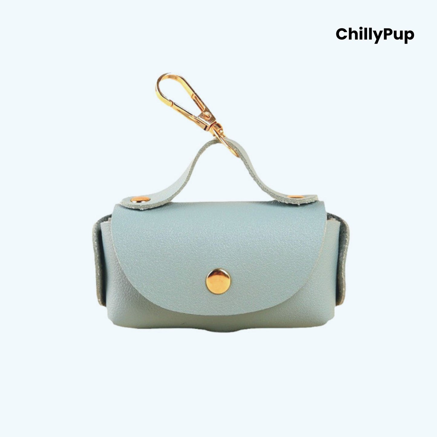 Light blue Luxury Leather Poo Bag Holder on a white background with ChillyPup branding.