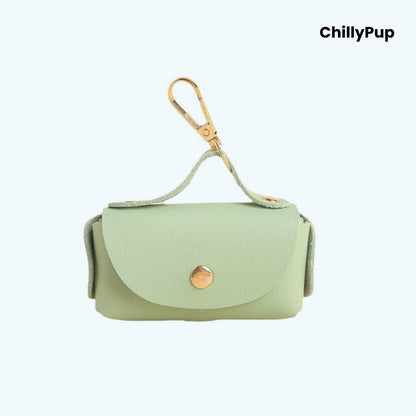 Light Green Luxury Leather Poo Bag Holder on a white background with ChillyPup branding.