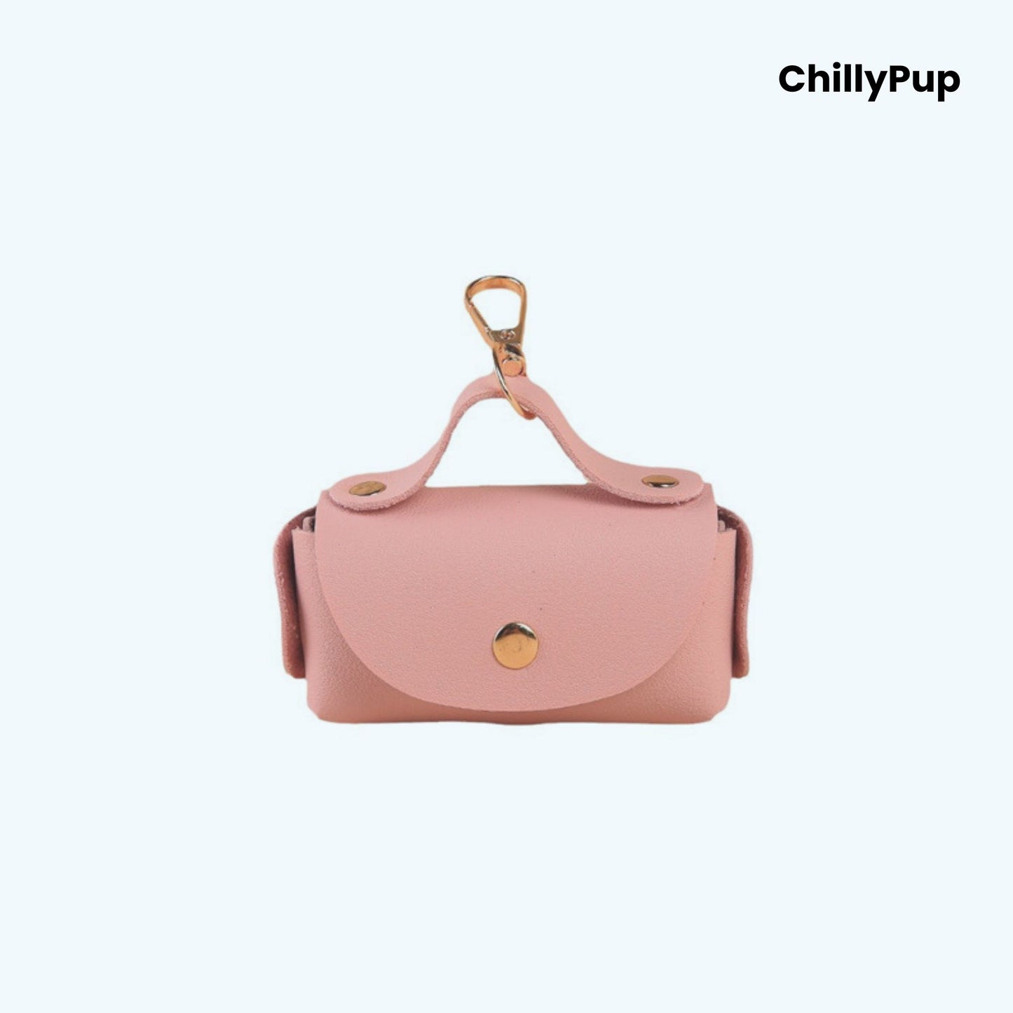Pink Luxury Leather Poo Bag Holder on a white background with ChillyPup branding.