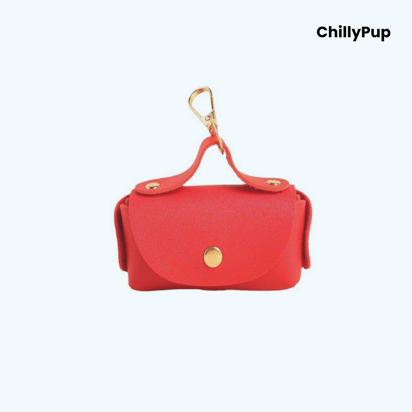 Red Luxury Leather Poo Bag Holder on a white background with ChillyPup branding.
