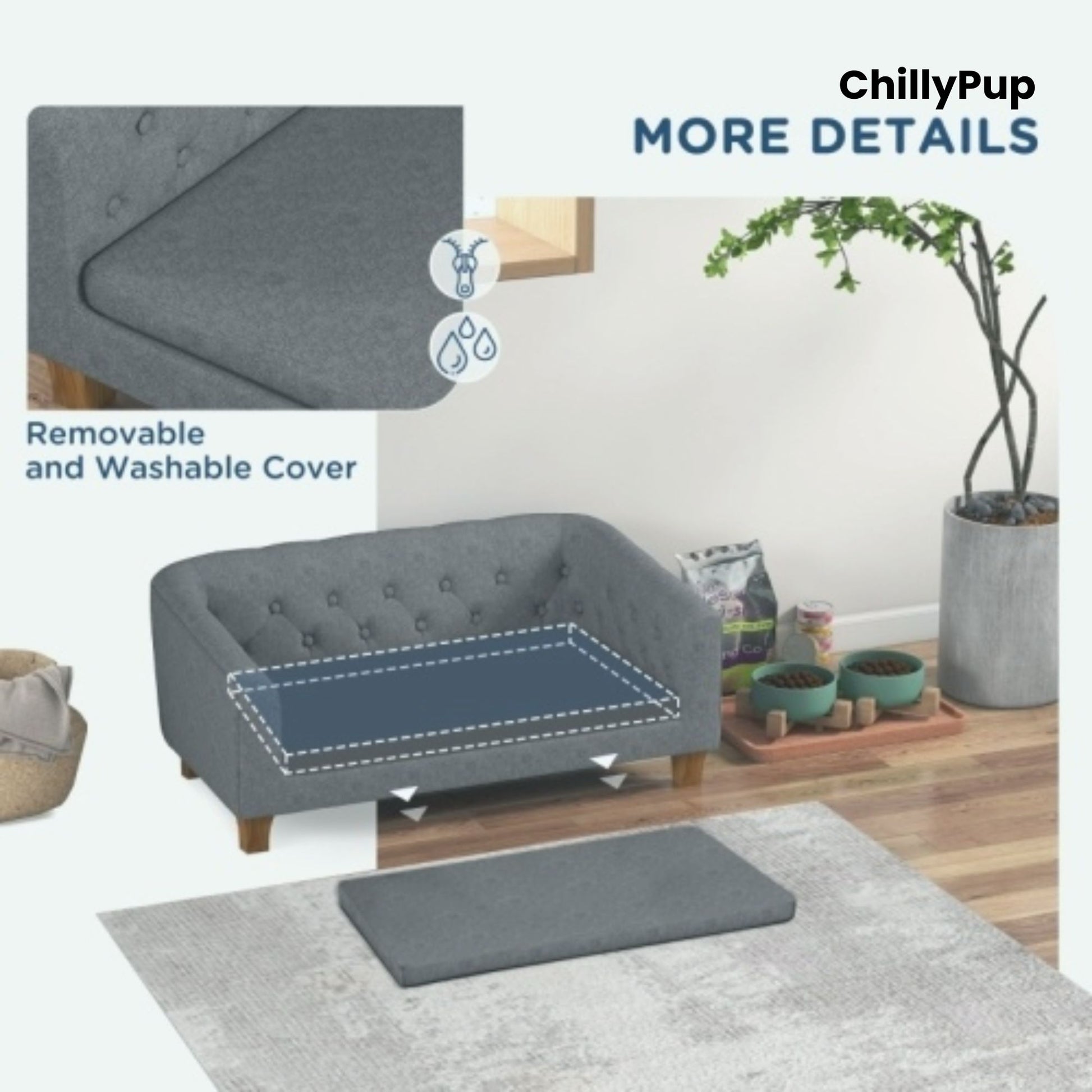 Grey pet bed with cover, rug, and accessories on a wooden floor with plants in the background.