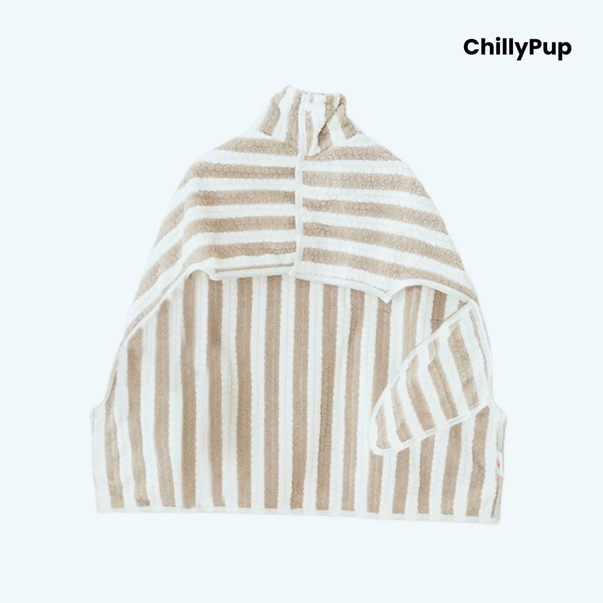 Striped pet robe with 'ChillyPup' branding on a white background