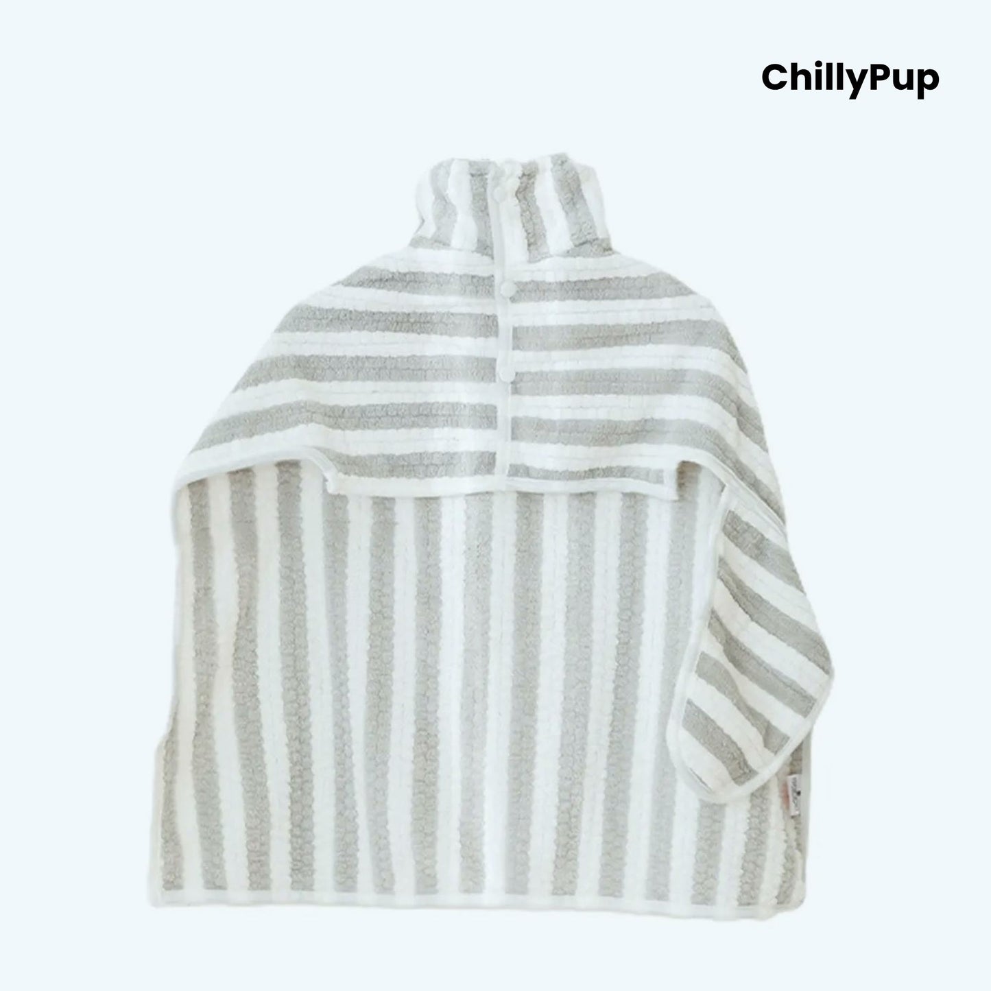 Striped pet robe with 'ChillyPup' branding on a white background