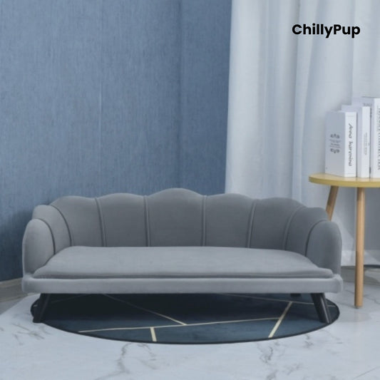 Gray sofa with labelled backrest and armrest, featuring 'ChillyPup' branding.