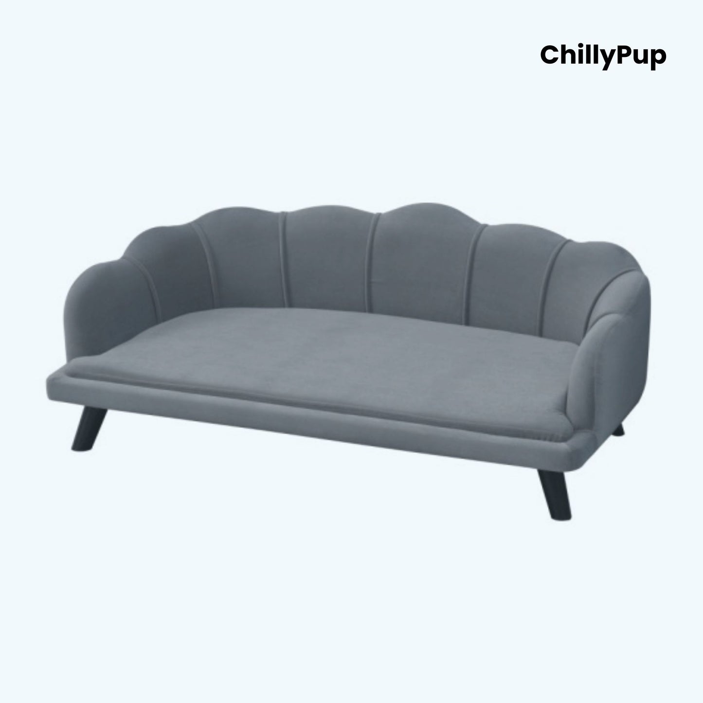 Grey pet bed with scalloped edges on a white background, branded 'ChillyPup'.