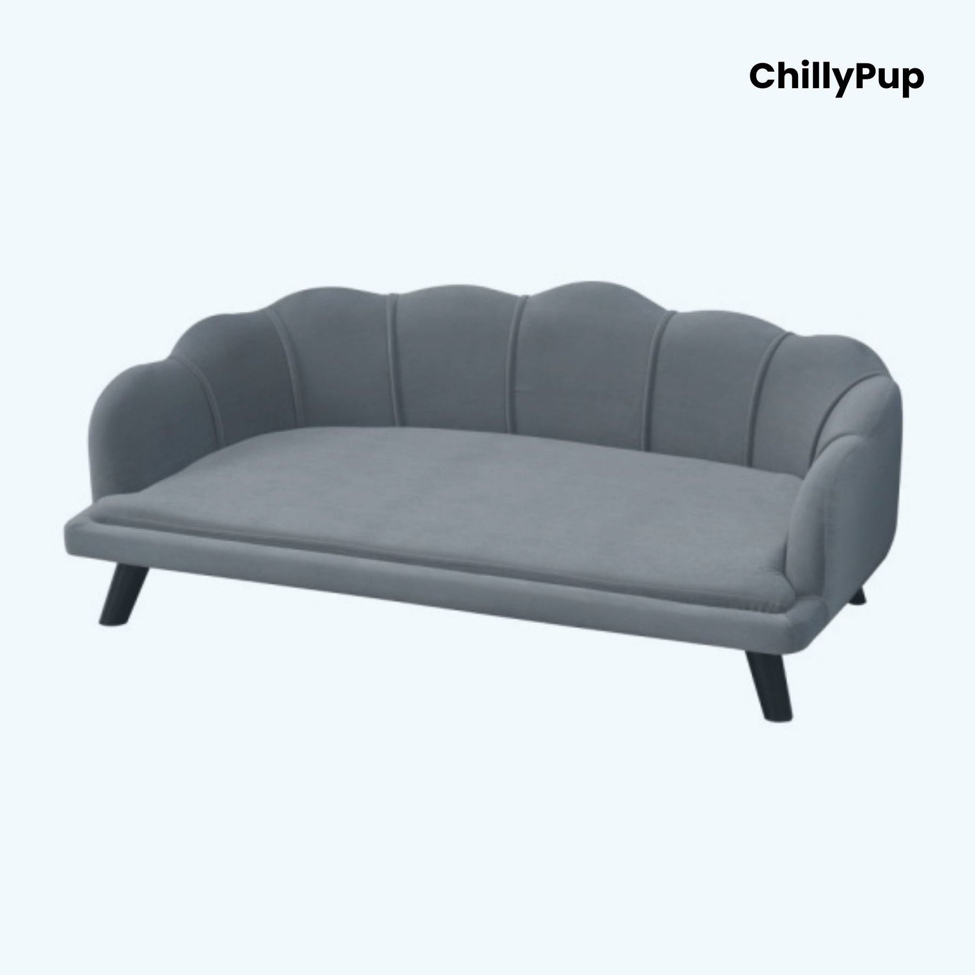 Grey pet bed with scalloped edges on a white background, branded 'ChillyPup'.