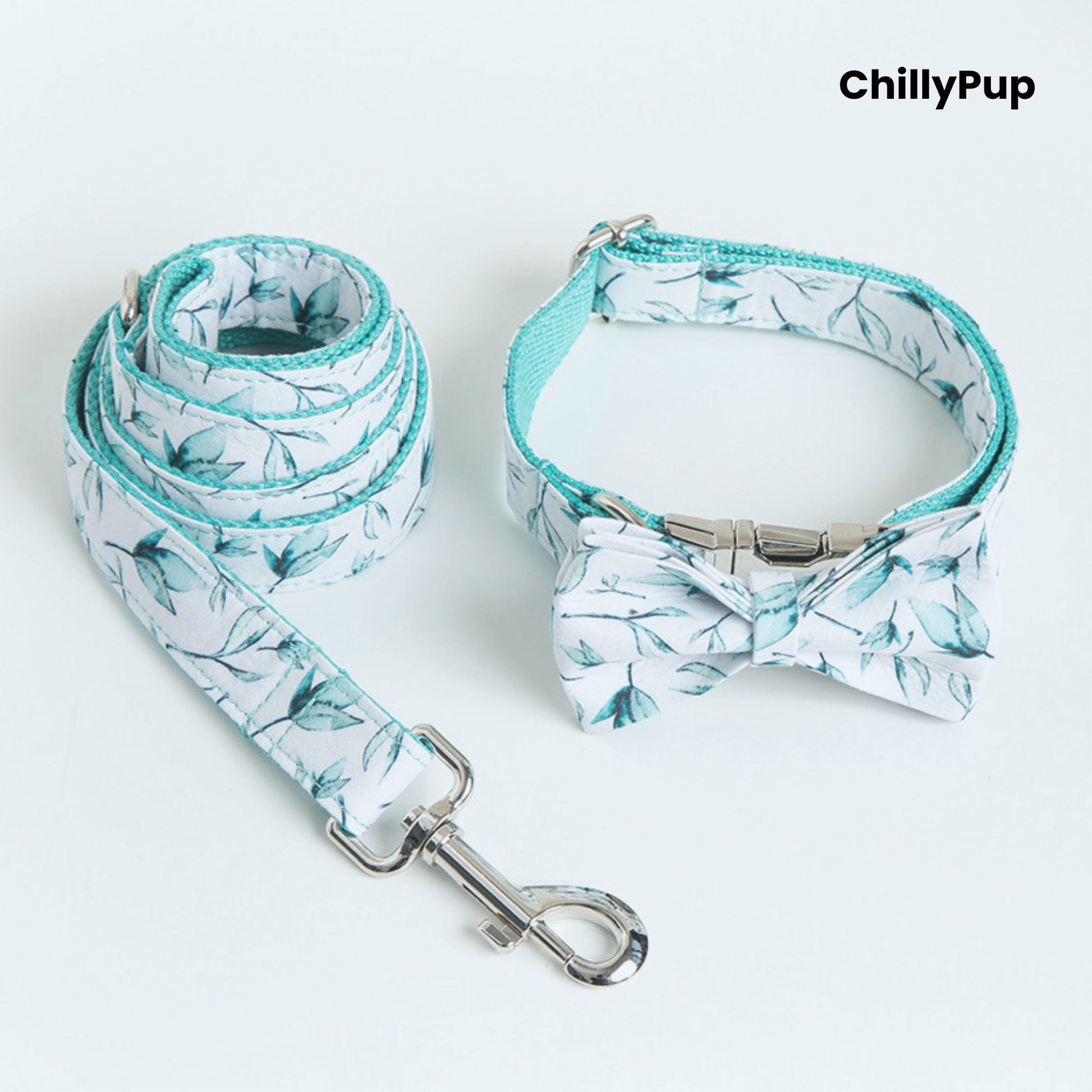 Dog collar, bow tie, and lead set with floral pattern on a white background, branded 'ChillyPup'.