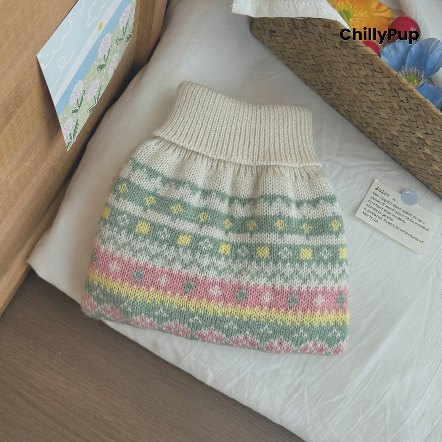 Knitted dog sweater with floral patterns on a wooden surface, branded 'ChillyPup'.