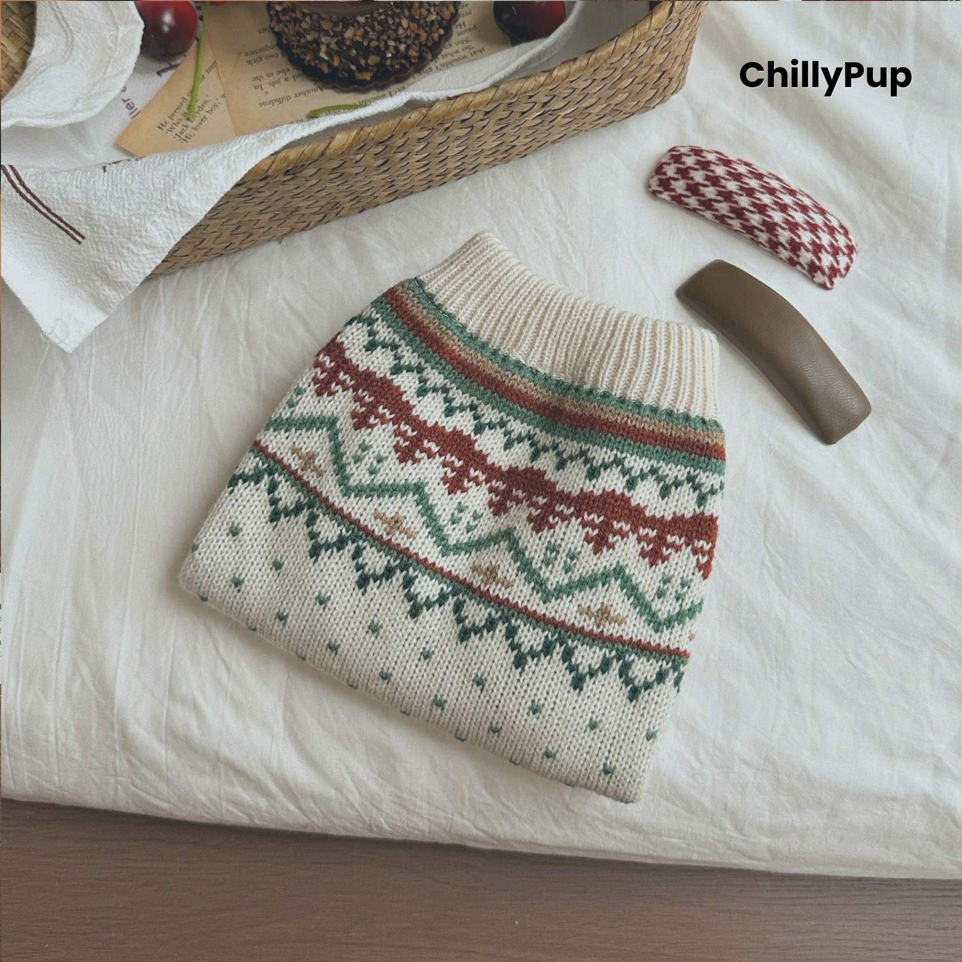 Nordic Winter Knit Dog Jumper – Cream & Forest Green with ChillyPup branding