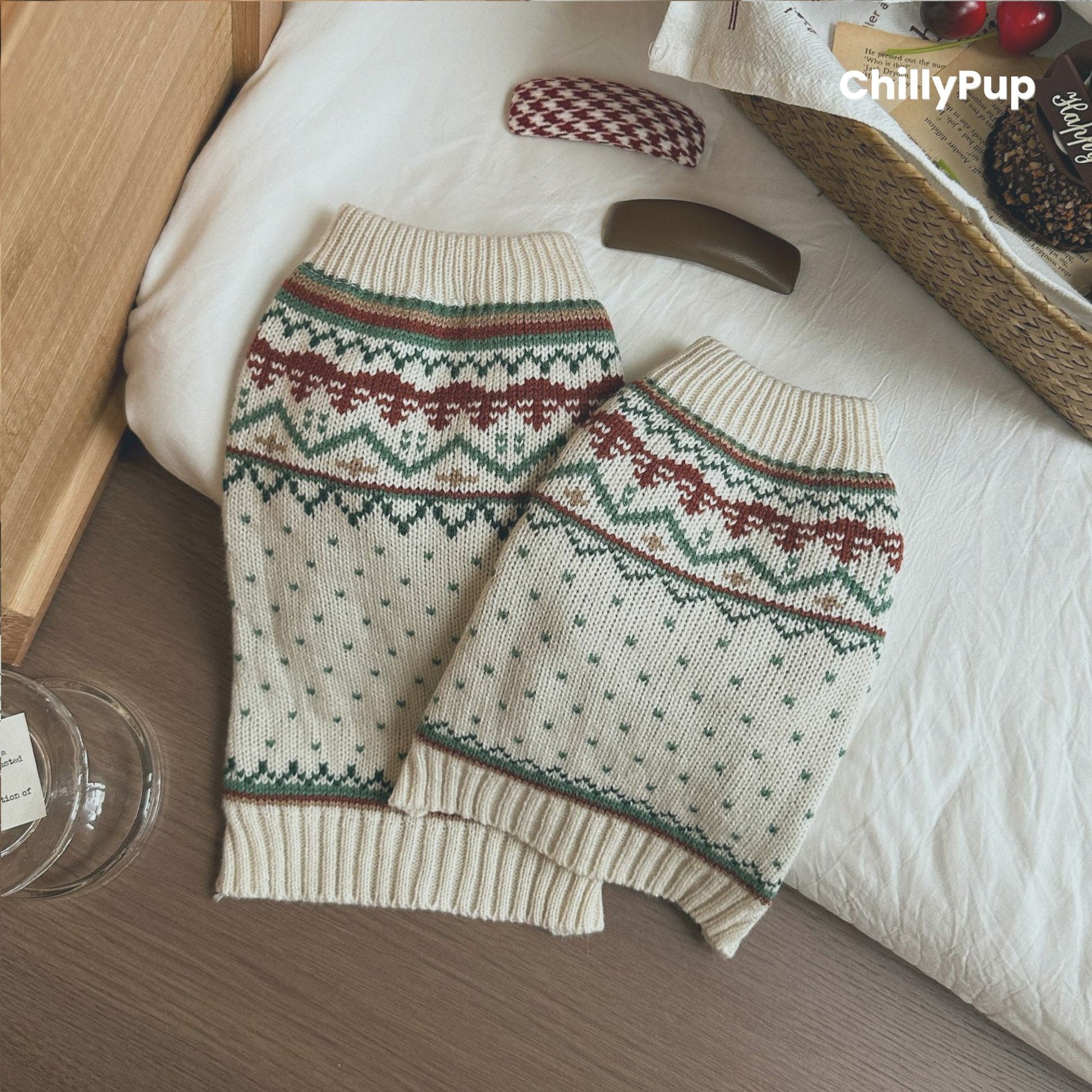 Nordic Winter Knit Dog Jumper – Cream & Forest Green with ChillyPup branding