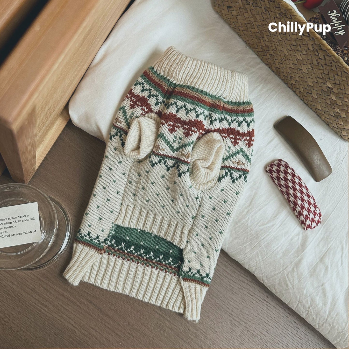 Nordic Winter Knit Dog Jumper – Cream & Forest Green with ChillyPup branding