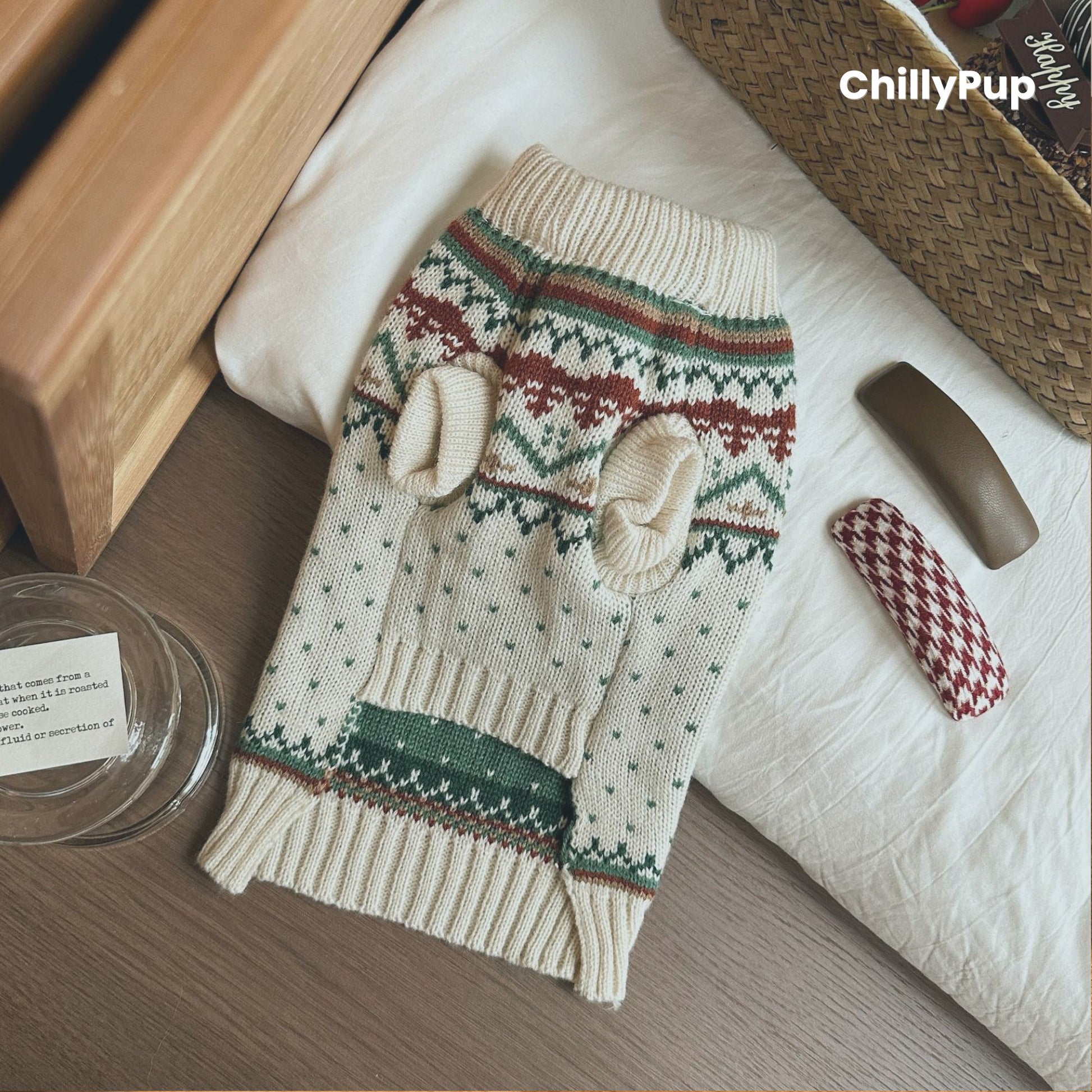 Nordic Winter Knit Dog Jumper – Cream & Forest Green with ChillyPup branding