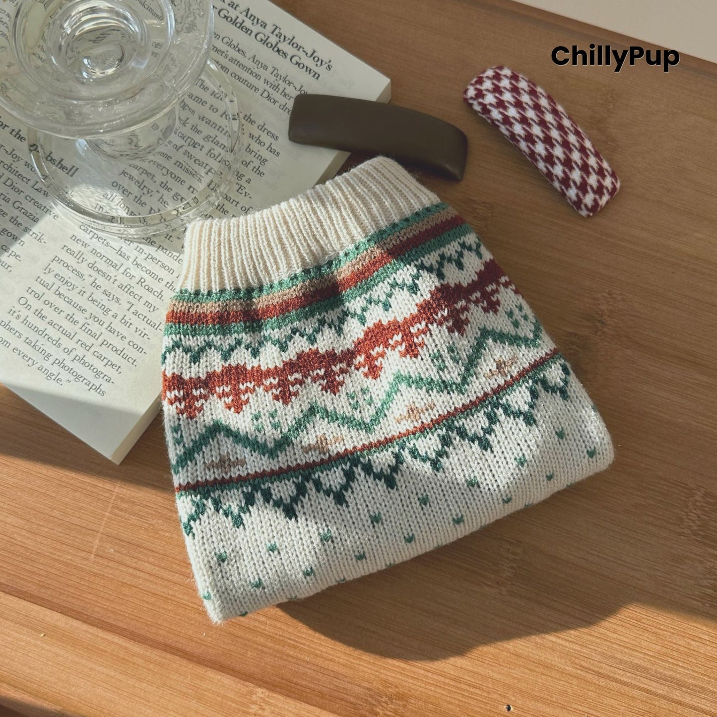 Nordic Winter Knit Dog Jumper – Cream & Forest Green with ChillyPup branding