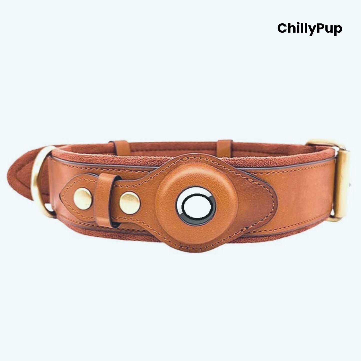 Orange AirTag dog collar with a metallic clasp on a white background, branded 'ChillyPup'.
