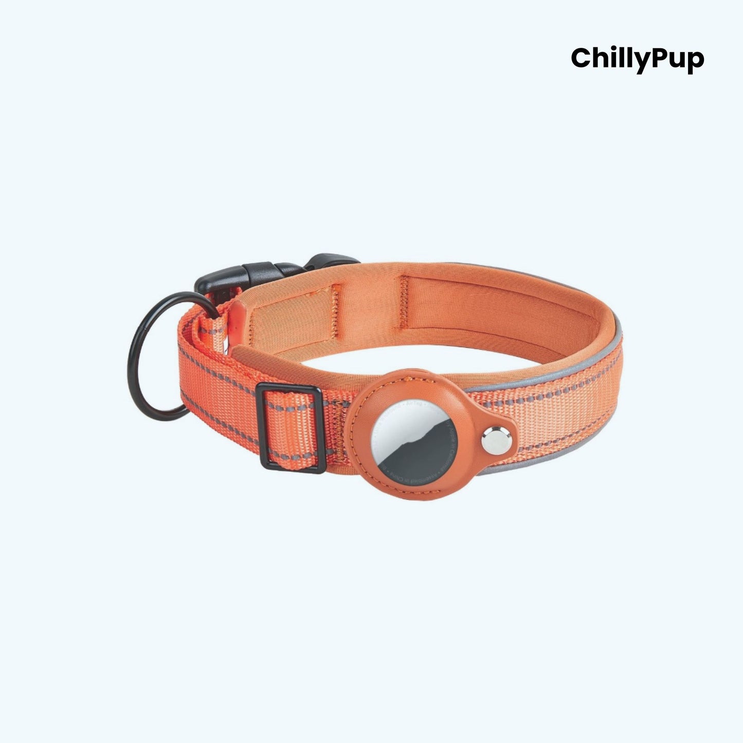 Orange Nylon Airtag dog collar with white stitching on a white background, branded 'ChillyPup'.