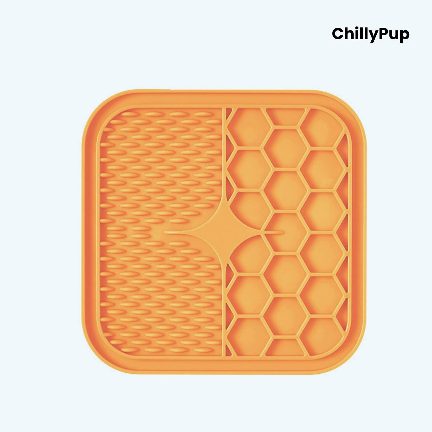 Orange silicone mat with textured surface and honeycomb pattern on a white background, branded 'ChillyPup'.