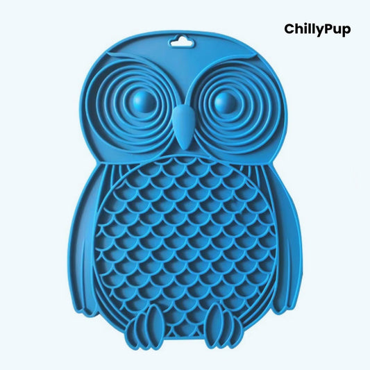 Blue owl-shaped silicone lick mat on a white background with 'ChillyPup' branding.