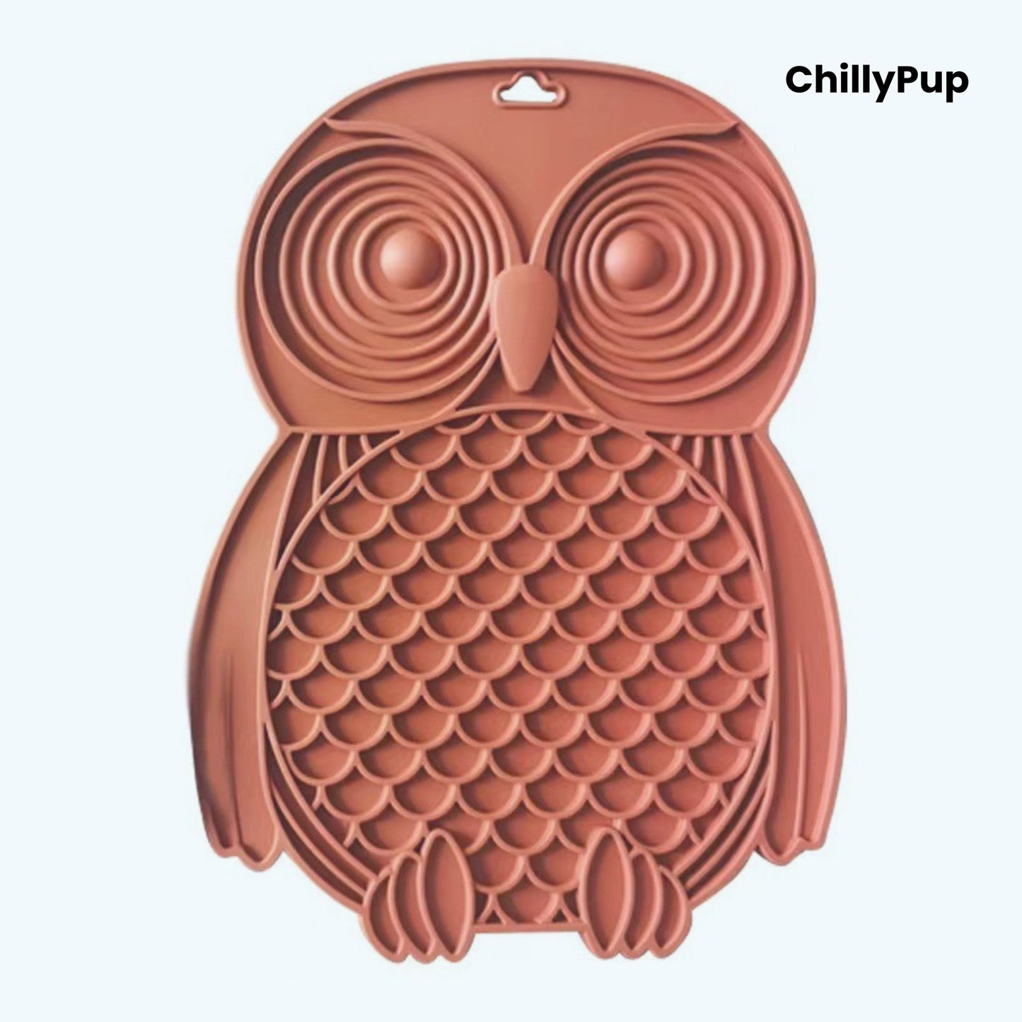 Copper owl-shaped silicone lick mat on a white background with 'ChillyPup' branding.