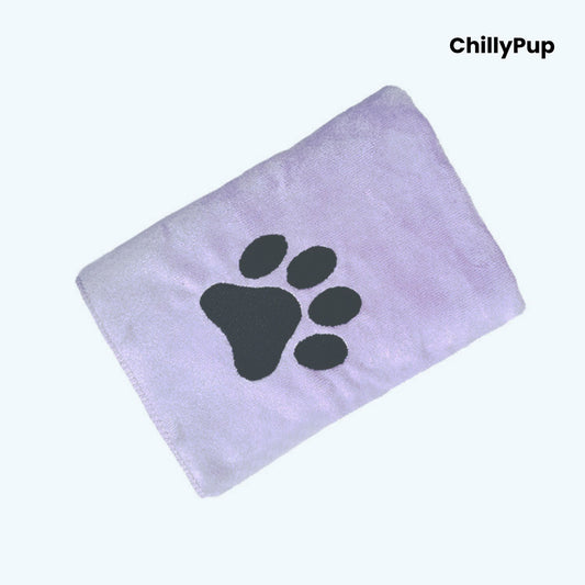 Purple towel with black paw print logo a white background, branded 'ChillyPup'.