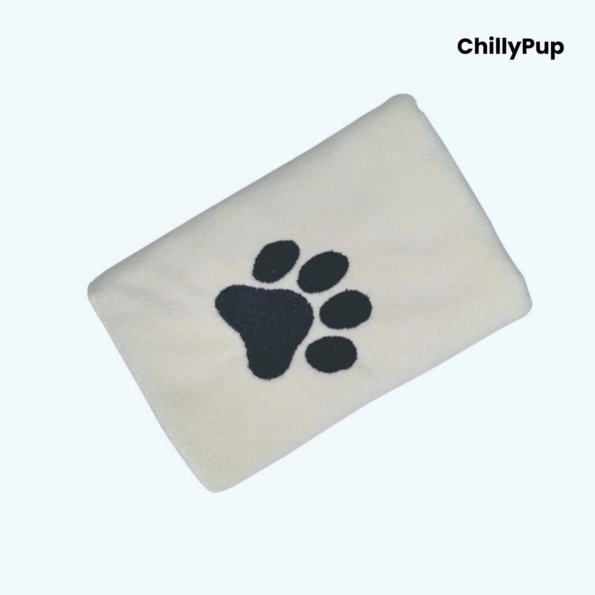 Beige towel with black paw print logo on a white background, branded 'ChillyPup'.
