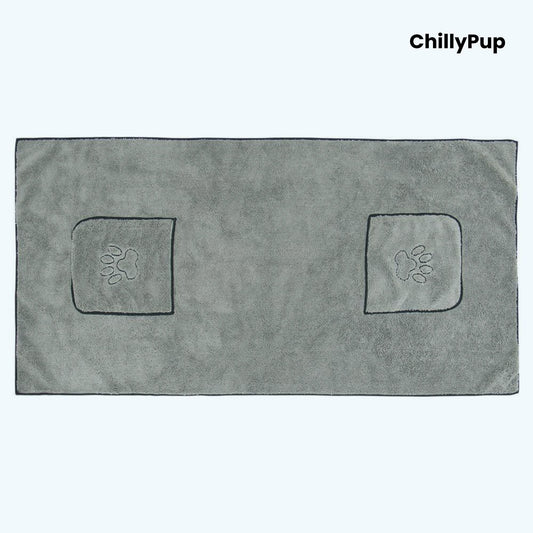 Gray towel with paw prints and measurements, branded 'ChillyPup'.